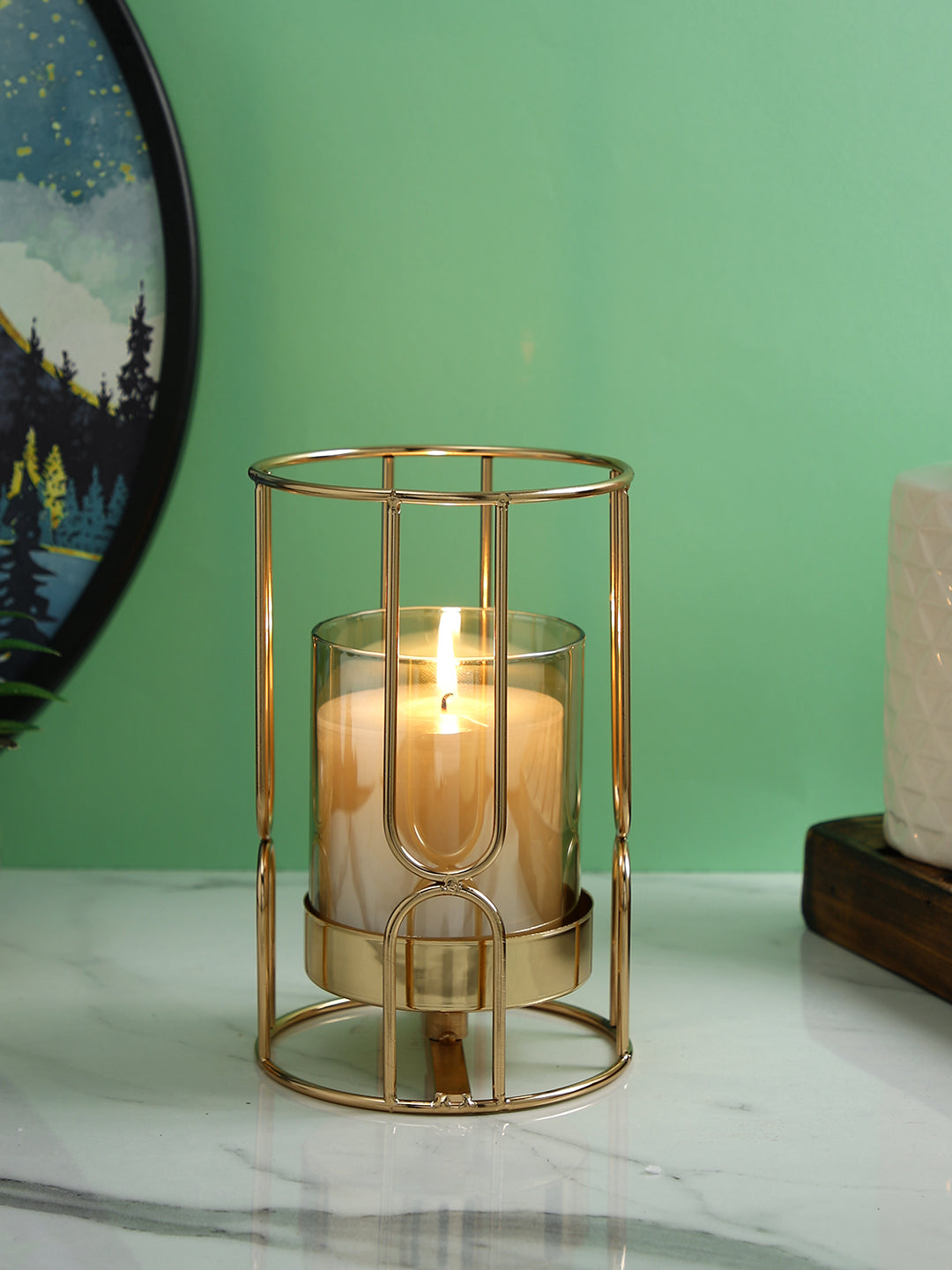 Gold Toned Glass Cylindercal Candle Holder