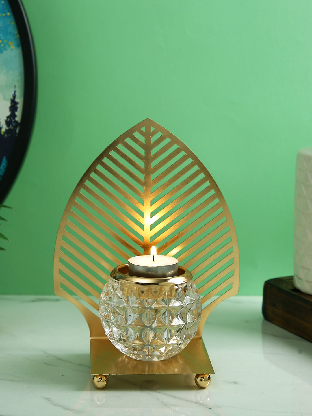 Gold Toned Transparent Textured Leaf Metal Glass Candle Holder