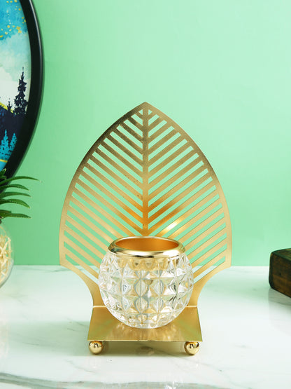 Gold Toned Transparent Textured Leaf Metal Glass Candle Holder