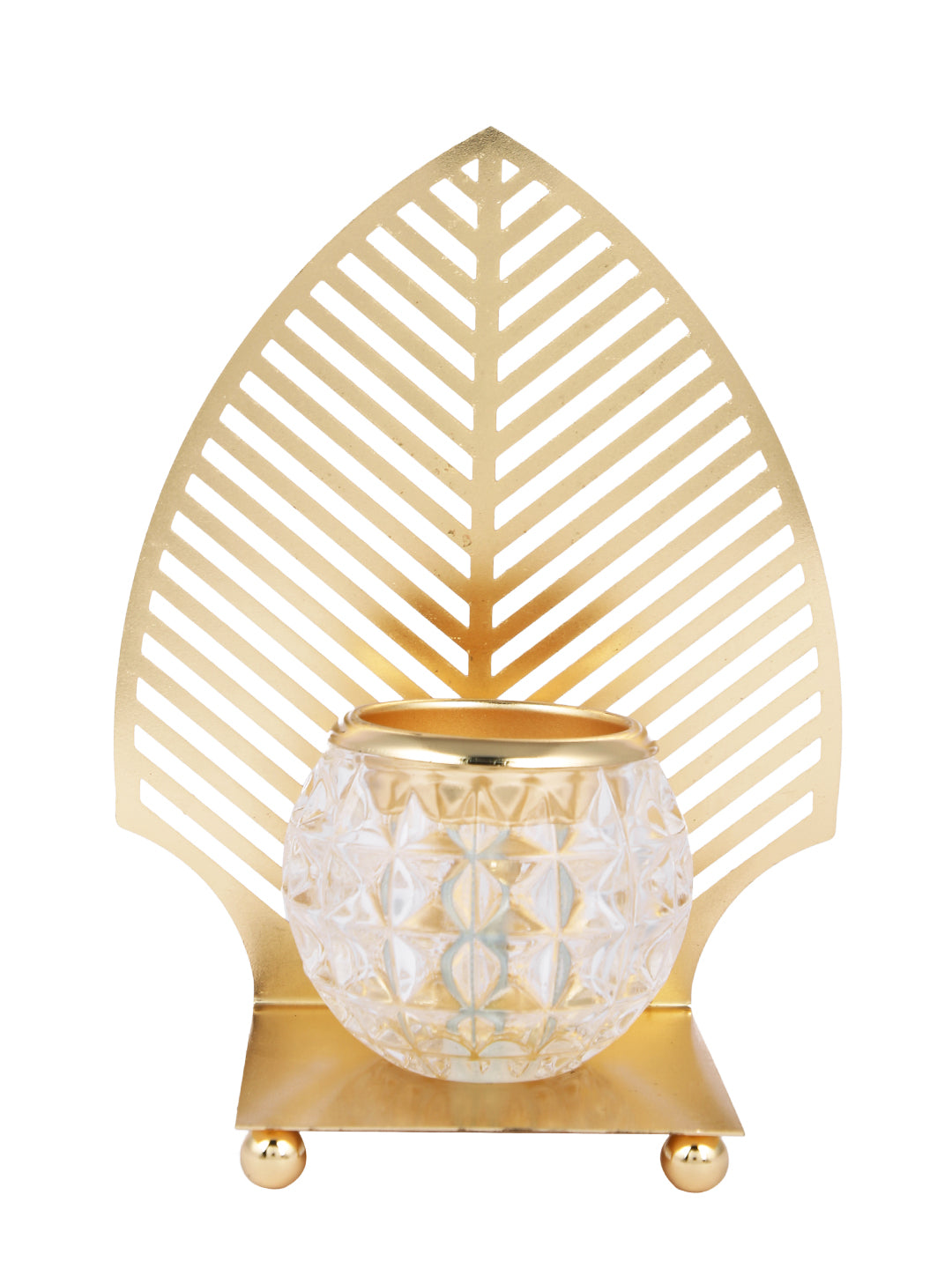 Gold Toned Transparent Textured Leaf Metal Glass Candle Holder