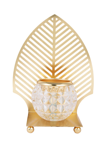 Gold Toned Transparent Textured Leaf Metal Glass Candle Holder
