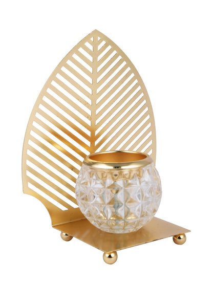 Gold Toned Transparent Textured Leaf Metal Glass Candle Holder