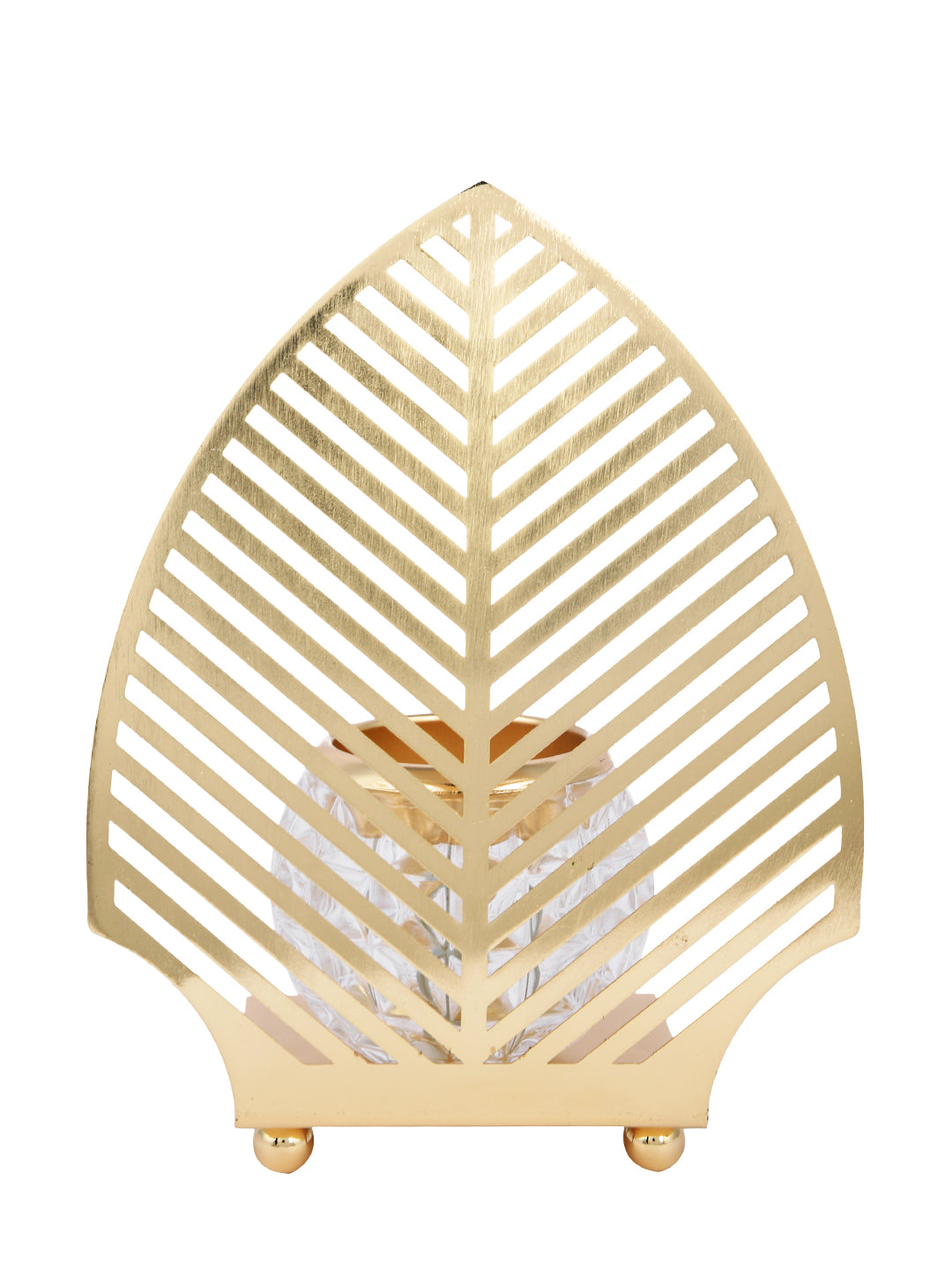 Gold Toned Transparent Textured Leaf Metal Glass Candle Holder