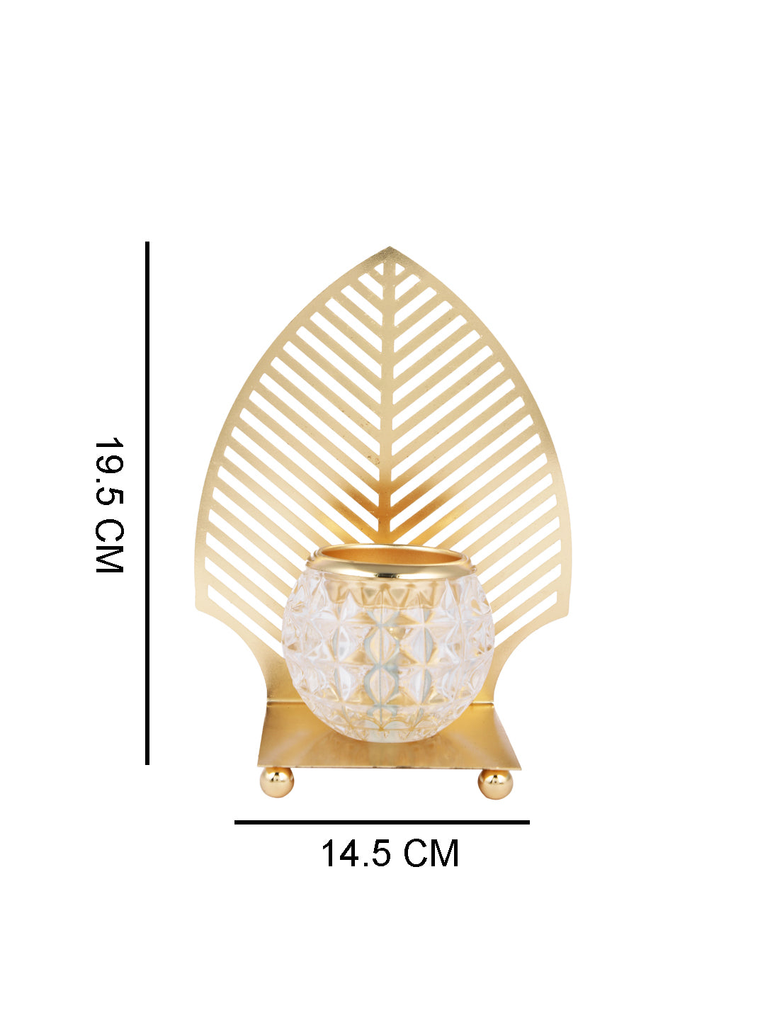 Gold Toned Transparent Textured Leaf Metal Glass Candle Holder