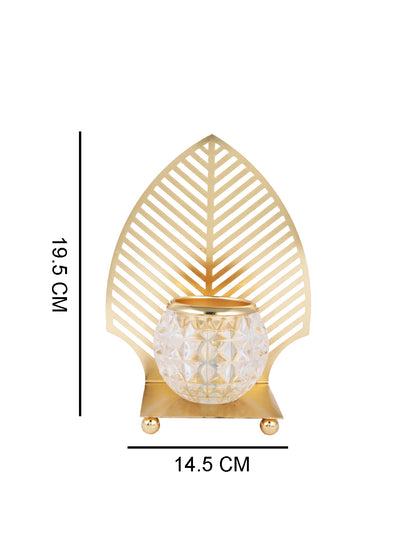Gold Toned Transparent Textured Leaf Metal Glass Candle Holder