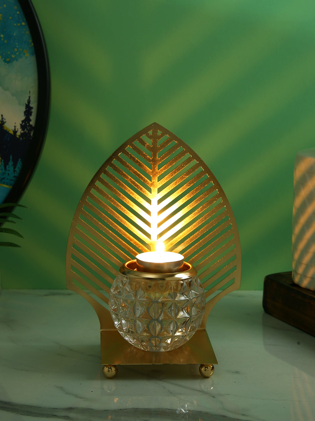 Gold Toned Transparent Textured Leaf Metal Glass Candle Holder