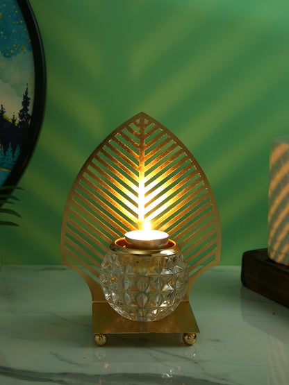 Gold Toned Transparent Textured Leaf Metal Glass Candle Holder