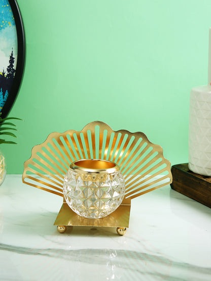 Gold Toned Transparent Textured Seashell Metal Glass Candle Holder
