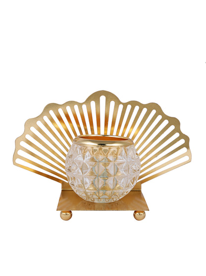 Gold Toned Transparent Textured Seashell Metal Glass Candle Holder