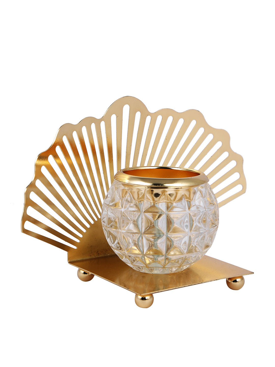 Gold Toned Transparent Textured Seashell Metal Glass Candle Holder