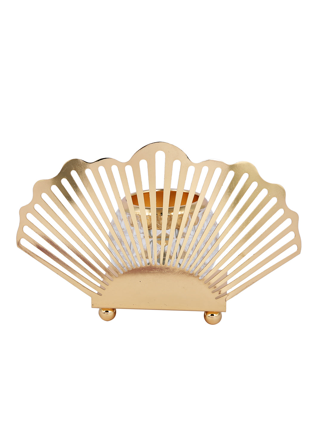 Gold Toned Transparent Textured Seashell Metal Glass Candle Holder