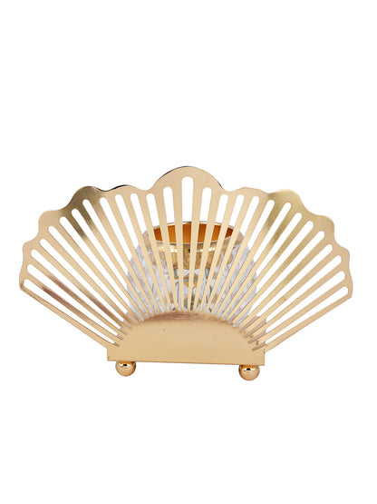 Gold Toned Transparent Textured Seashell Metal Glass Candle Holder