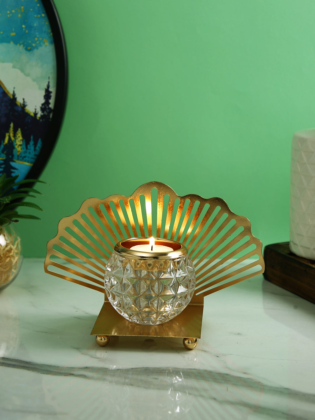 Gold Toned Transparent Textured Seashell Metal Glass Candle Holder