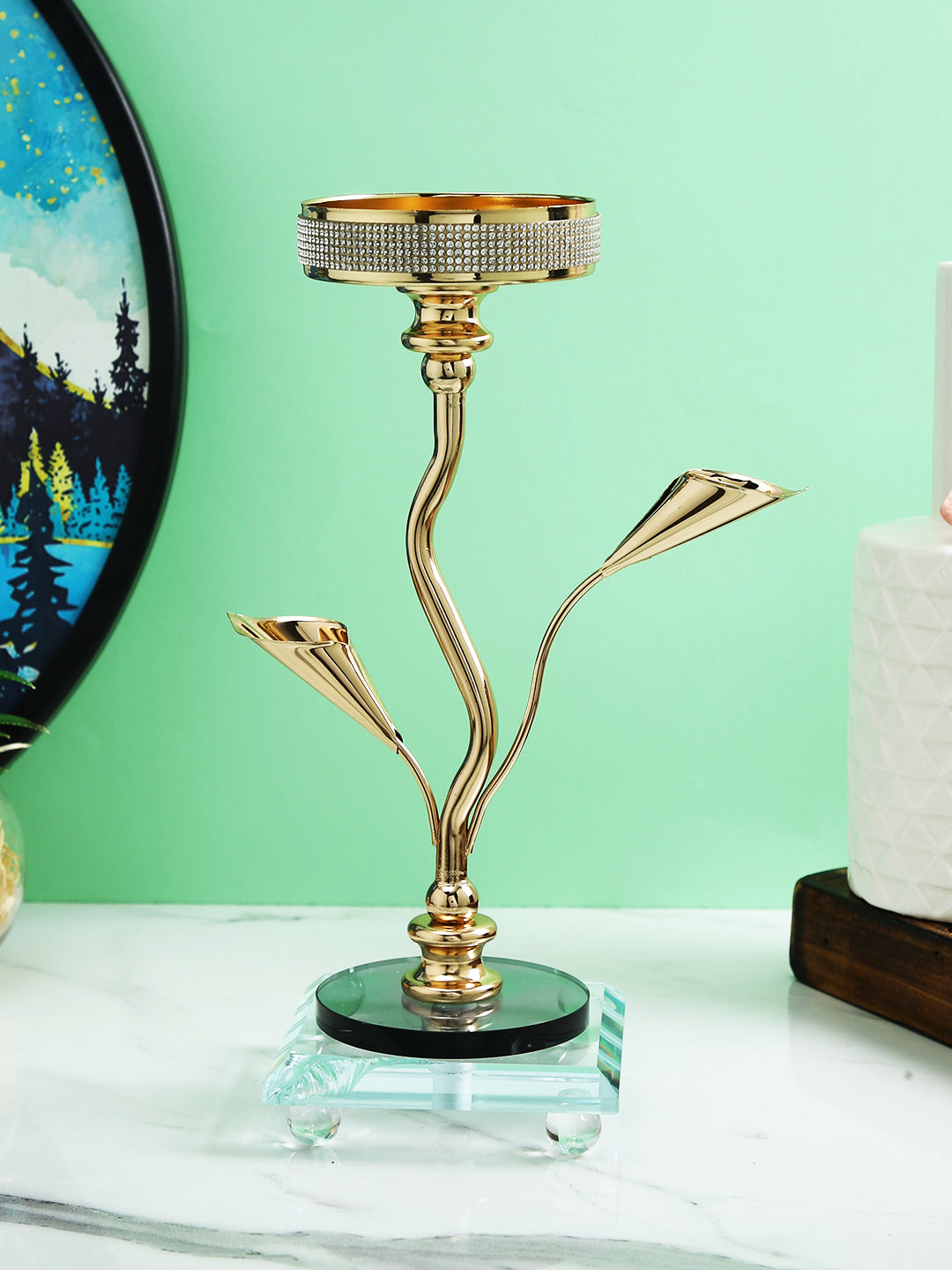 Gold Toned Textured Metal Nature Candle Holder