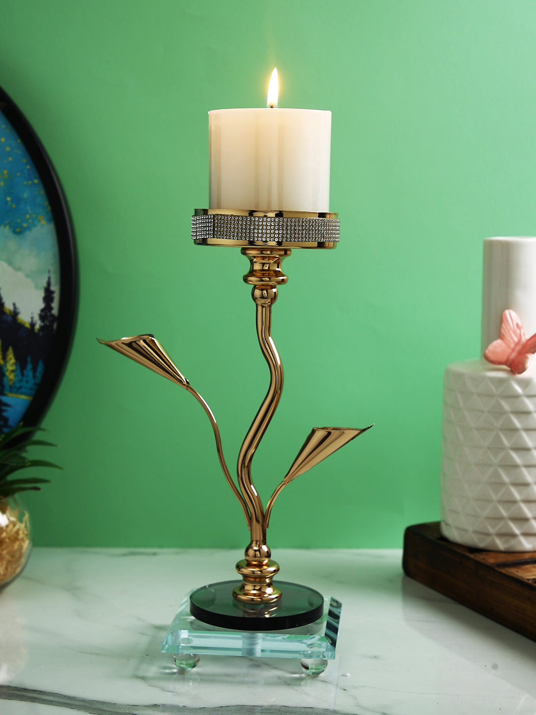 Gold Toned Textured Metal Nature Candle Holder