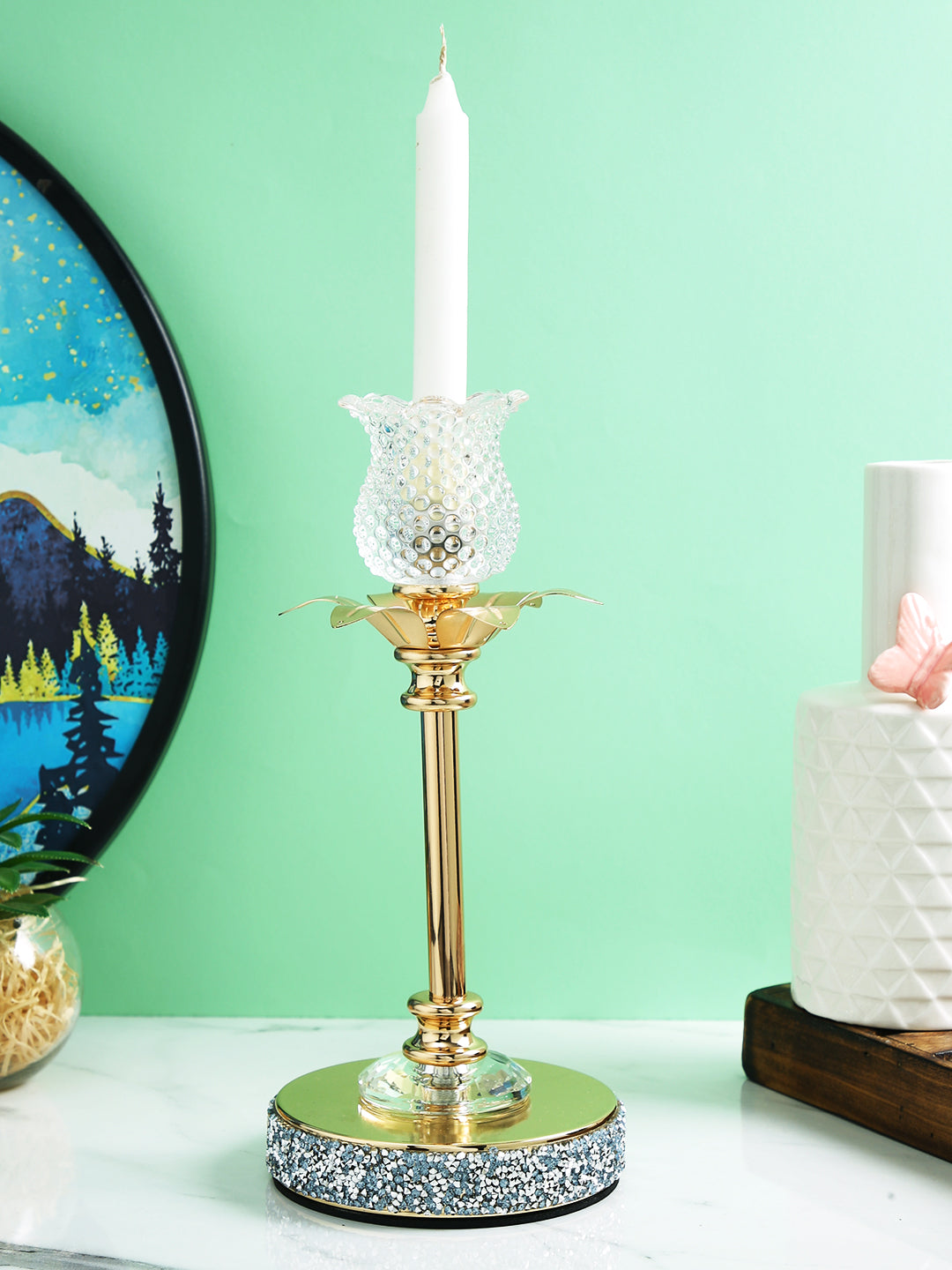 Golden Metal & Glass Candle Holder