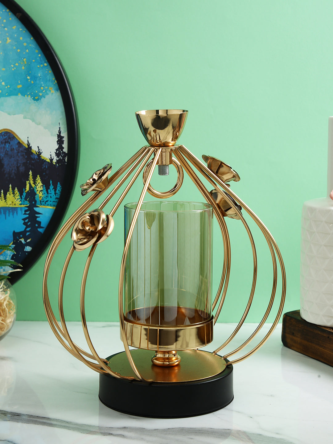 Gold Toned Transparent Solid Caged Metal Glass Candle Holder
