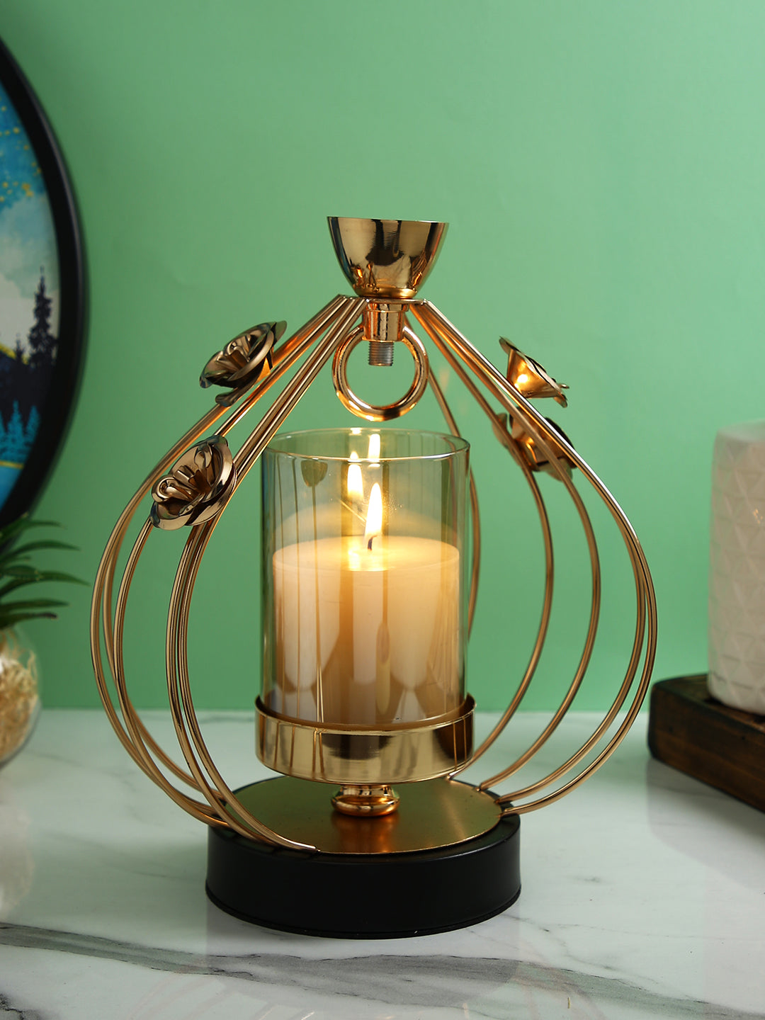 Gold Toned Transparent Solid Caged Metal Glass Candle Holder