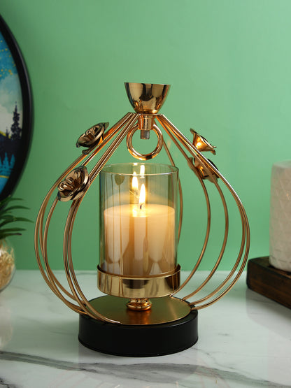 Gold Toned Transparent Solid Caged Metal Glass Candle Holder