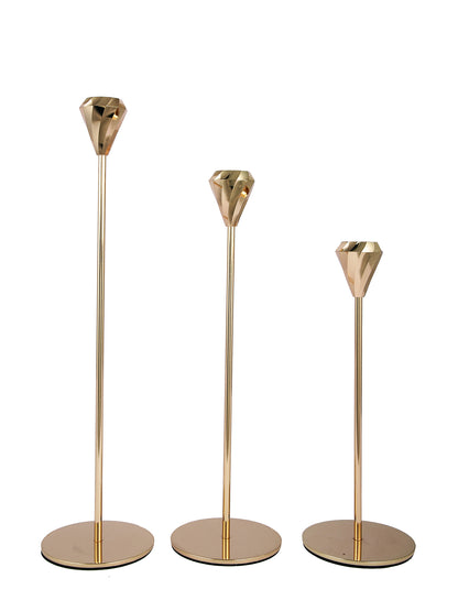 Gold Toned 3 Pieces Solid Pillar Metal Candle Holder