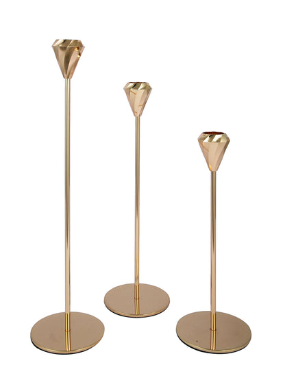 Gold Toned 3 Pieces Solid Pillar Metal Candle Holder