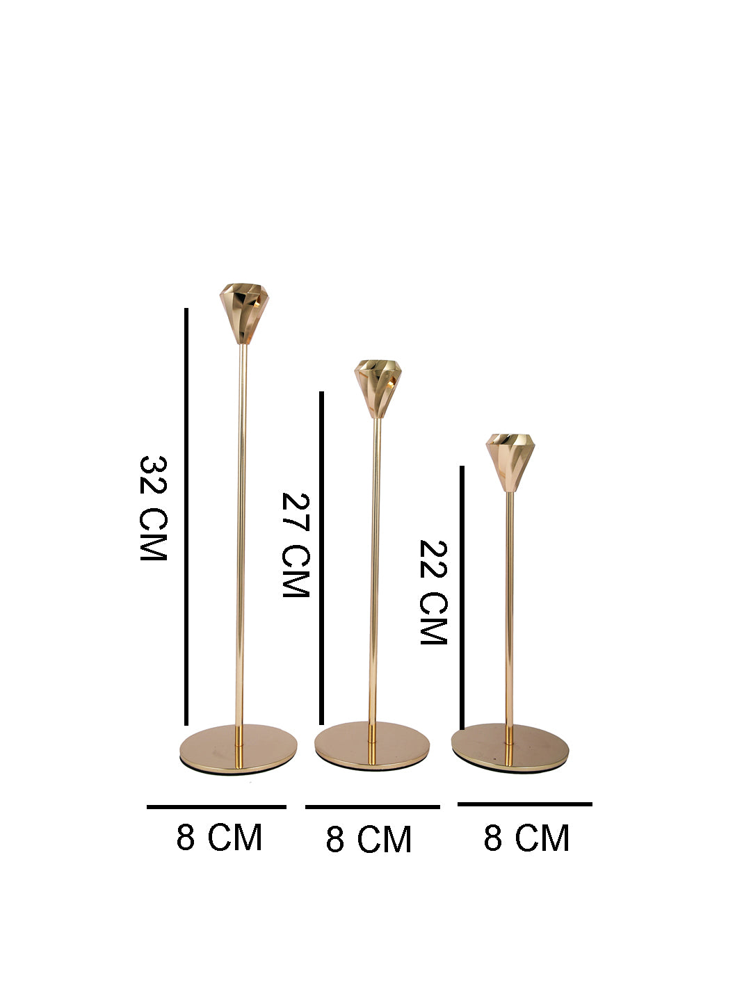 Gold Toned 3 Pieces Solid Pillar Metal Candle Holder