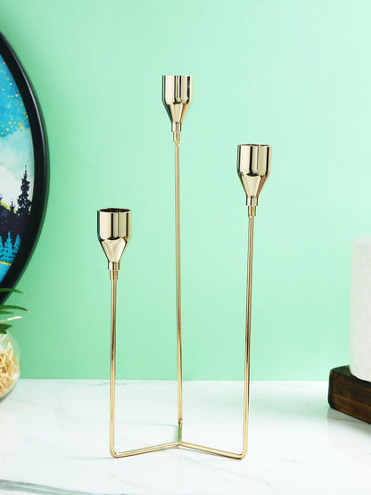 Gold Toned Solid 3 Arm Pillar Metal Candle Holder