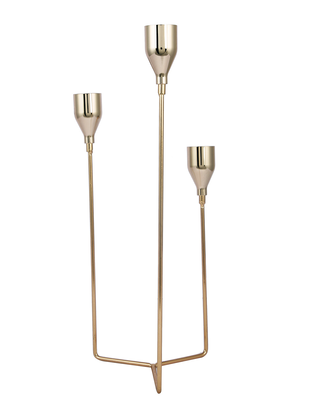 Gold Toned Solid 3 Arm Pillar Metal Candle Holder