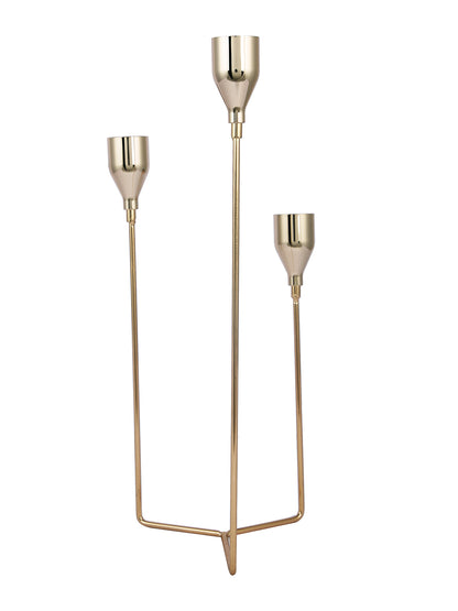 Gold Toned Solid 3 Arm Pillar Metal Candle Holder