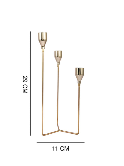 Gold Toned Solid 3 Arm Pillar Metal Candle Holder