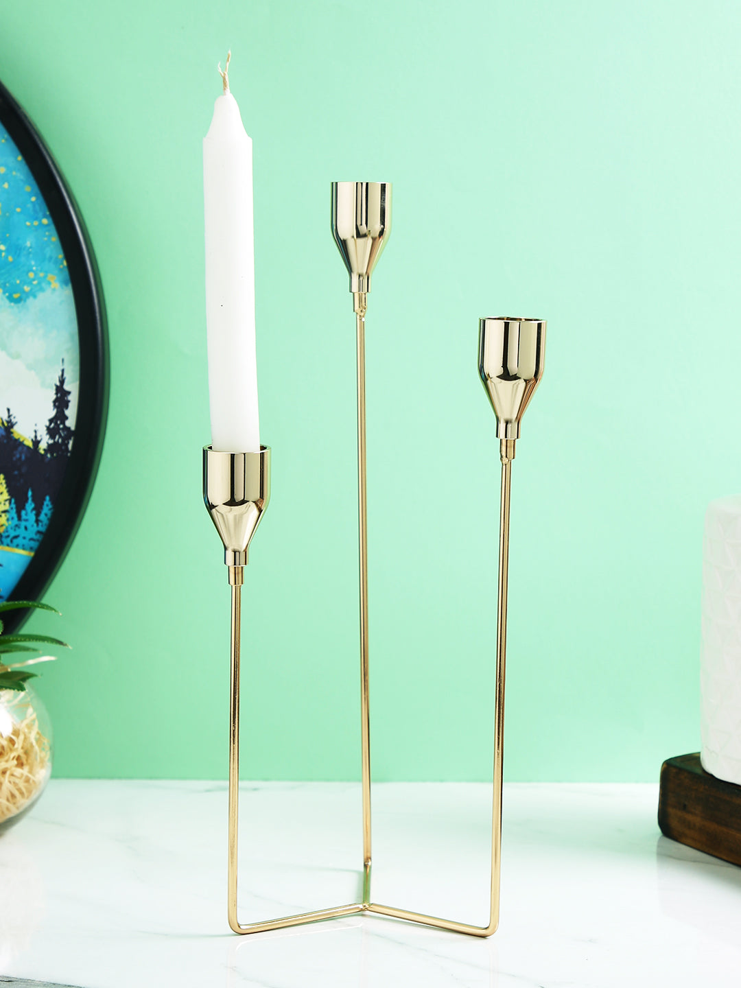 Gold Toned Solid 3 Arm Pillar Metal Candle Holder