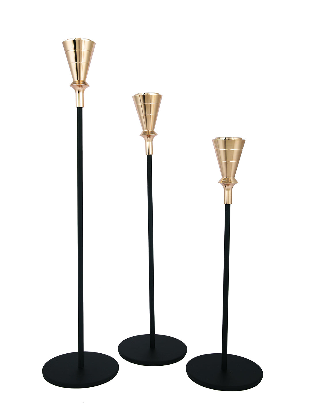 Gold Toned Black 3 Pieces Solid Pillar Metal Candle Holder