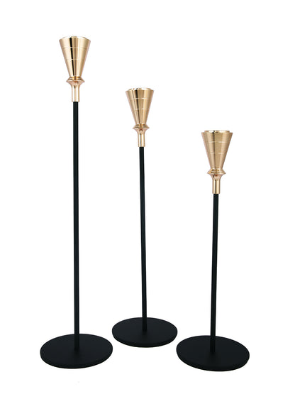 Gold Toned Black 3 Pieces Solid Pillar Metal Candle Holder