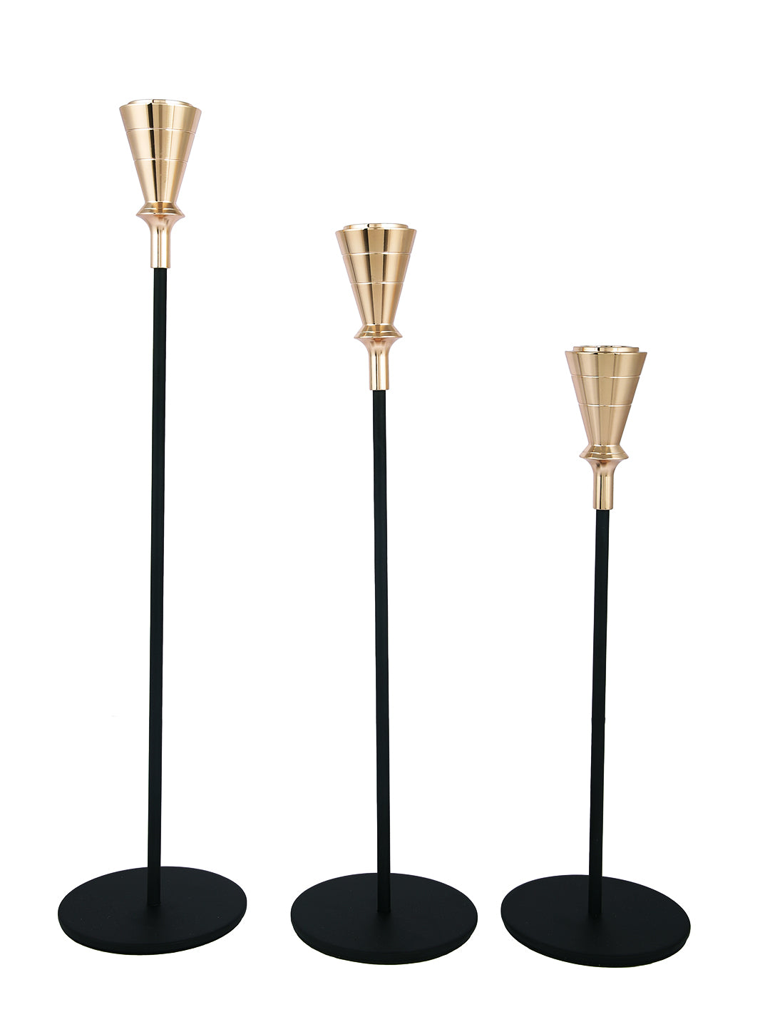 Gold Toned Black 3 Pieces Solid Pillar Metal Candle Holder