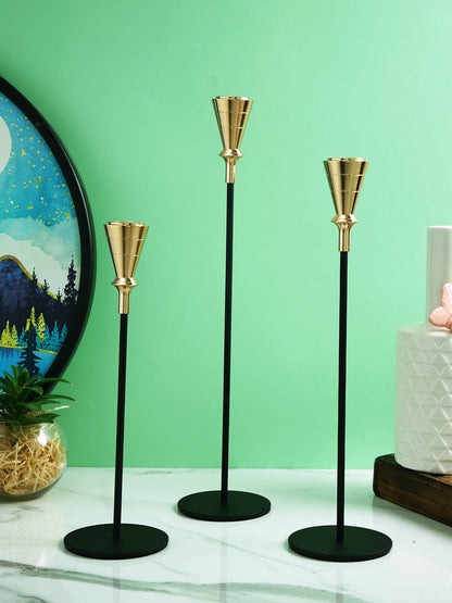 Gold Toned Black 3 Pieces Solid Pillar Metal Candle Holder