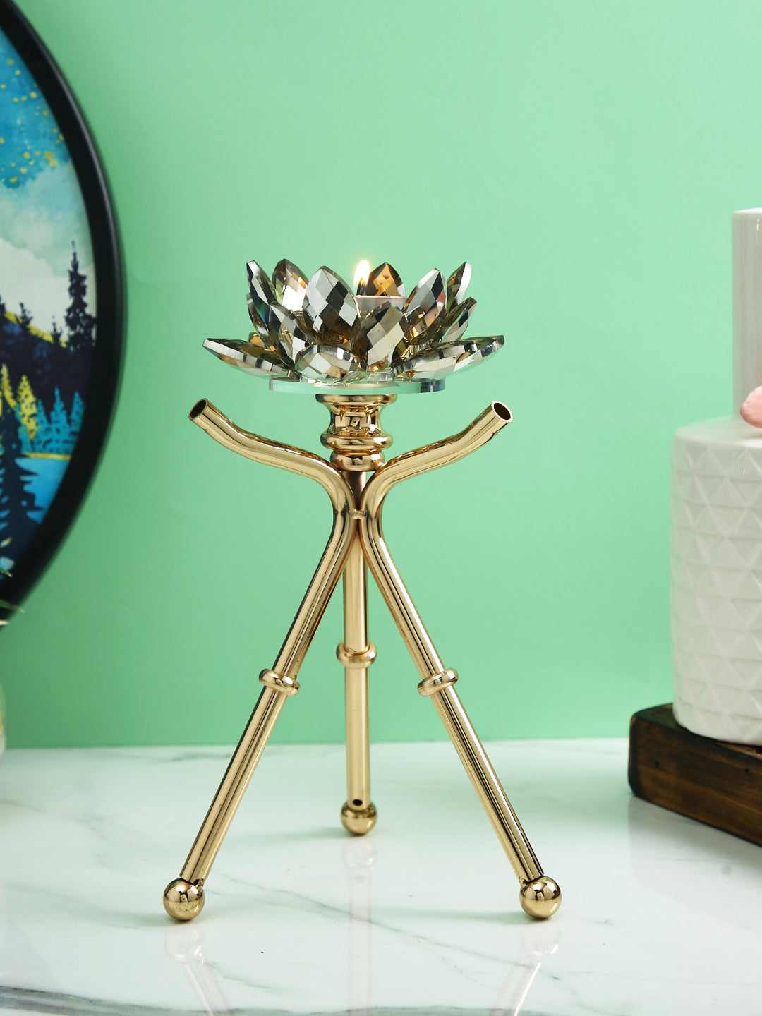 Majestic Sunburst Gold Toned Solid Metal Pilar Candle Holder