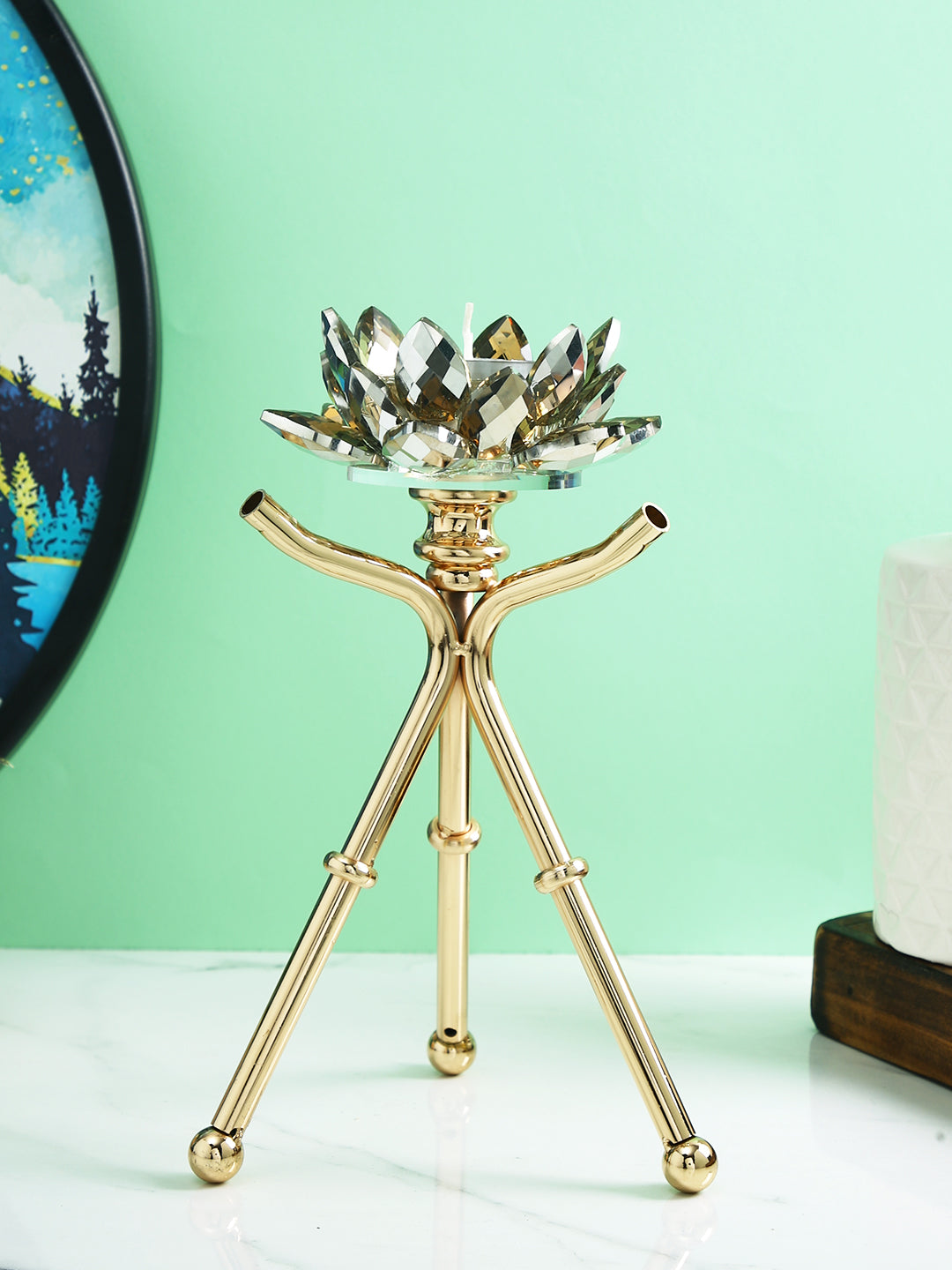 Majestic Sunburst Gold Toned Solid Metal Pilar Candle Holder