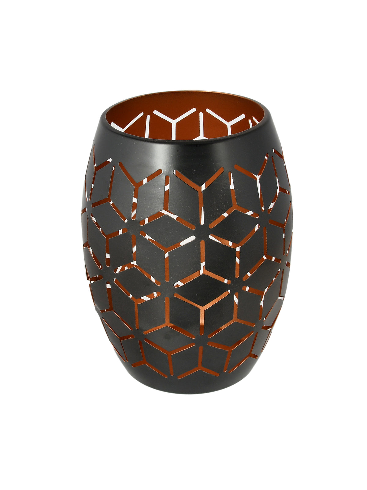 Black & Copper Toned Geometric Textured Metal Candle Holder