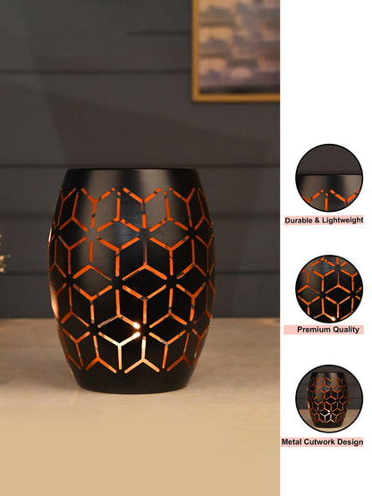 Black & Copper Toned Geometric Textured Metal Candle Holder