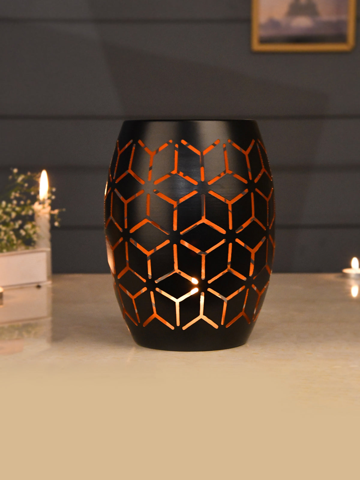 Black & Copper Toned Geometric Textured Metal Candle Holder