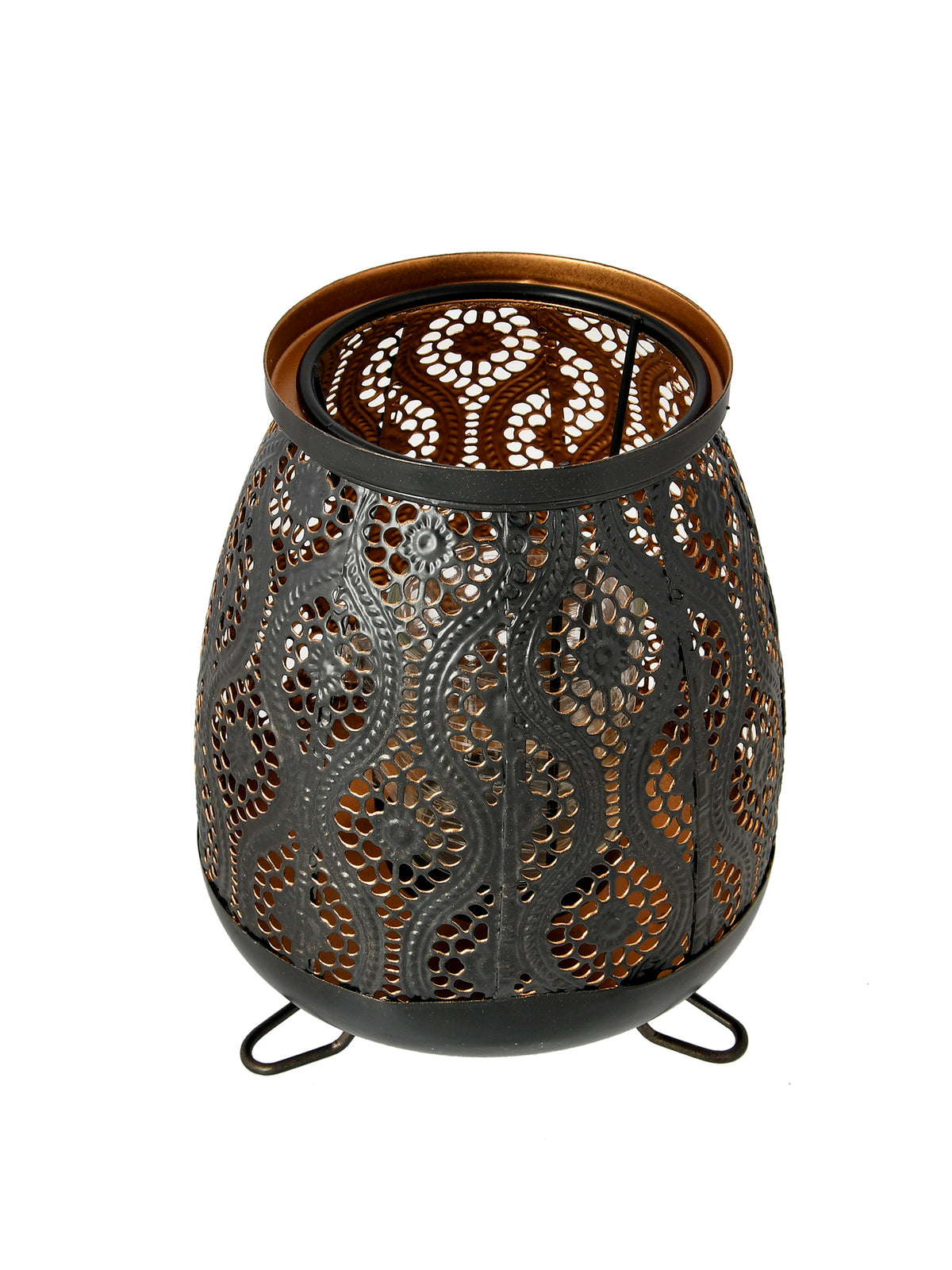 Black & Copper Toned Textured Metal Glass Candle Holder