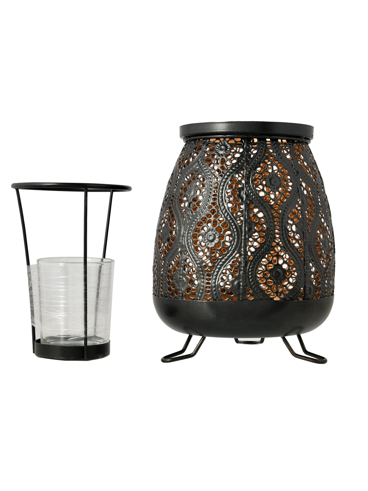 Black & Copper Toned Textured Metal Glass Candle Holder