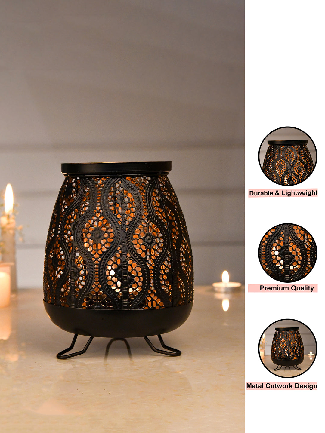 Black & Copper Toned Textured Metal Glass Candle Holder