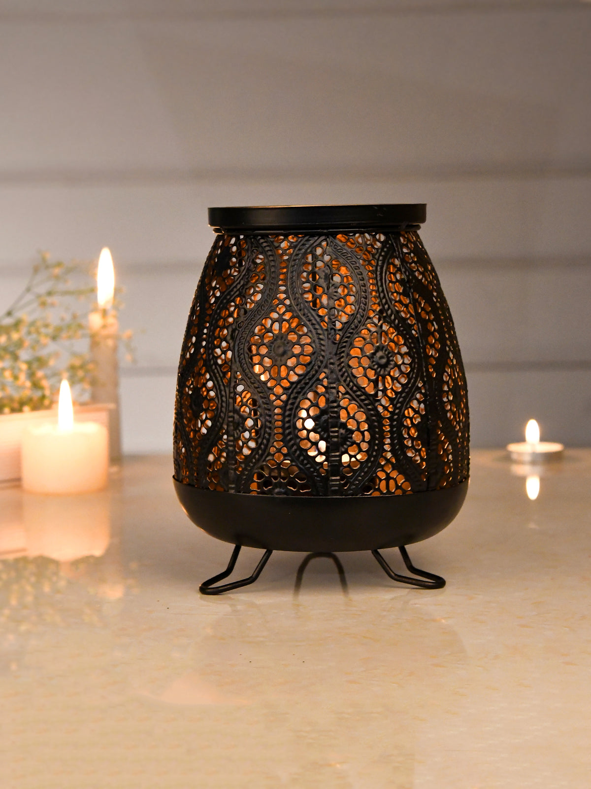 Black & Copper Toned Textured Metal Glass Candle Holder