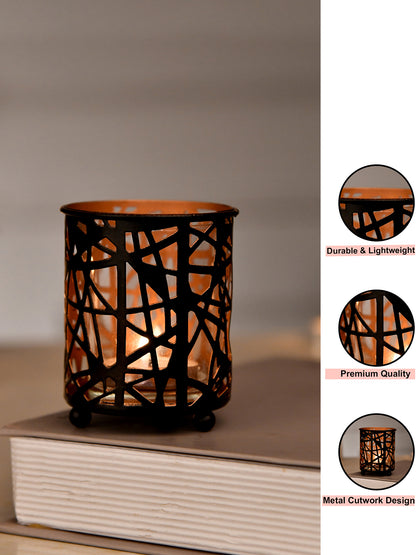 Black & Copper Toned Textured Metal Candle Holder