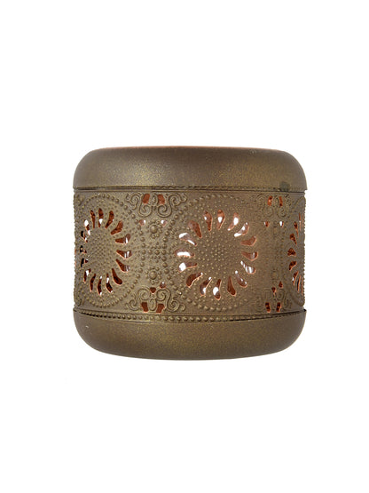 Brown & Peach Colored Geometric Textured Metal Glass Candle Holder