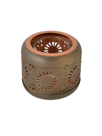 Brown & Peach Colored Geometric Textured Metal Glass Candle Holder