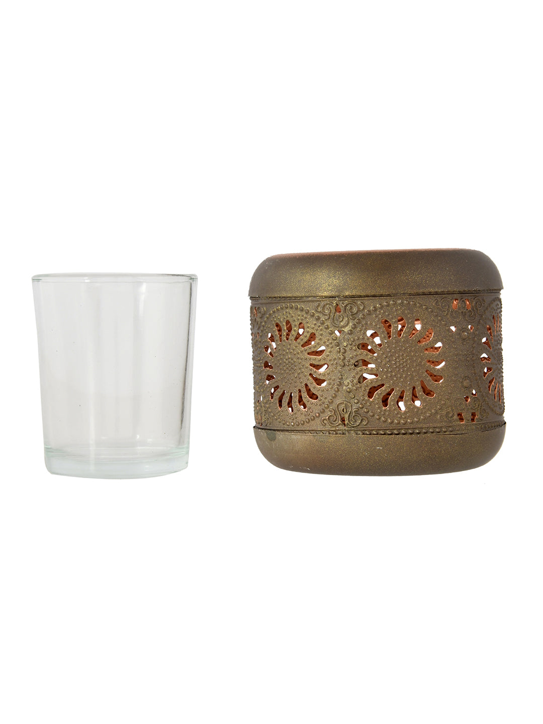 Brown & Peach Colored Geometric Textured Metal Glass Candle Holder