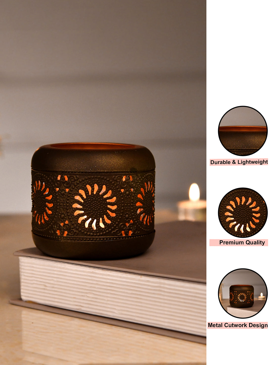 Brown & Peach Colored Geometric Textured Metal Glass Candle Holder