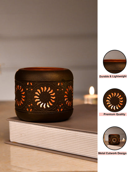 Brown & Peach Colored Geometric Textured Metal Glass Candle Holder
